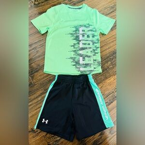 Boys Champion 4/5 Drifit green Leader shirt & Under Armour black 3T shorts